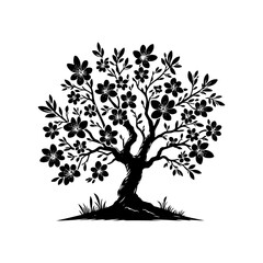 Obraz premium Black Vector Almond Tree Silhouette Amidst the Evening's Embrace, Nature's Elegance Captured- Almond Tree Illustration- Almond tree vector stock.