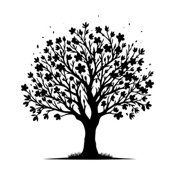 Black Vector Almond Tree Silhouette Amidst the Evening's Embrace, Nature's Elegance Captured- Almond Tree Illustration- Almond tree vector stock.