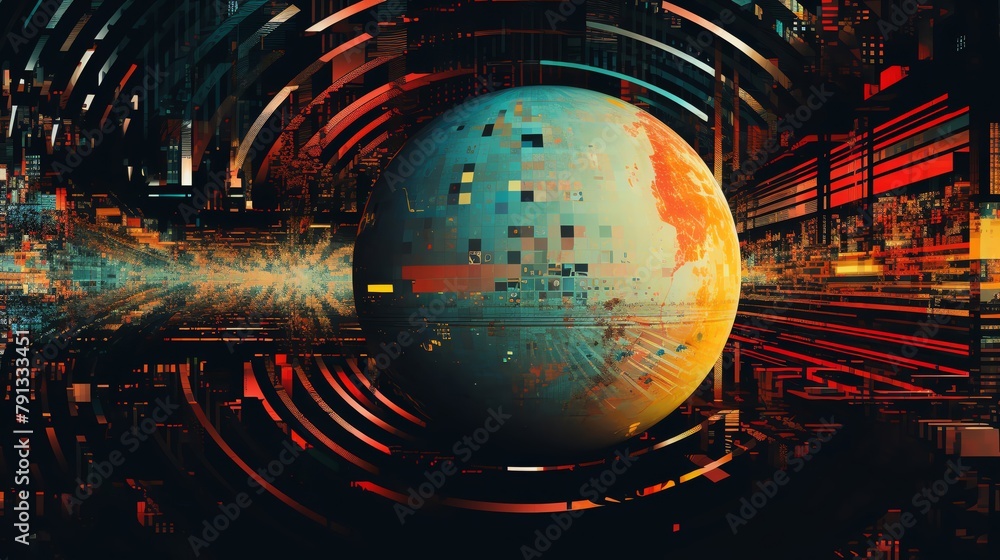 Poster an artistic representation of error aesthetics within the digital art sphere featuring a collage of 