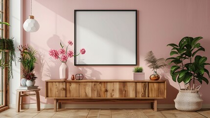 bohemian style sideboard, contemporary picture frame on wall, blank frame, light colors. Decorative accents, pops of bright color. Warm, inviting space.