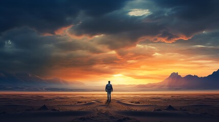 An artistic photo of a person standing alone in a vast landscape looking out towards the horizon capturing the essence of introspection and the quest for inner peace