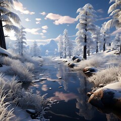 Beautiful winter landscape with frozen river and pine trees in the mountains