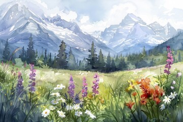 Watercolor landscape with wildflowers and mountains in the background