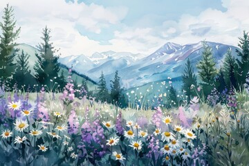 Obraz premium Watercolor landscape with wildflowers and mountains in the background