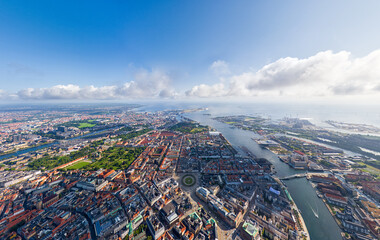 Copenhagen, Denmark. Panorama of the city in summer. Sunny weather with clouds. Aerial view