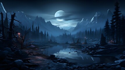 Fantasy landscape with mountain lake and forest at night. 3D illustration
