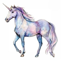 Watercolor painting of a unicorn isolated on white background