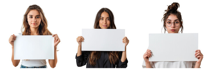 Set of Young woman holding a blank sign isolated on a transparent background