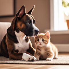 Adorable dog and cat together at home. Selective focus.