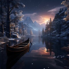 Fantasy winter landscape with a wooden boat on the lake at night