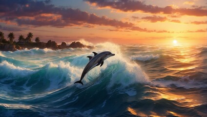 Dolphin playing in the waves of the raging ocean at sunset.