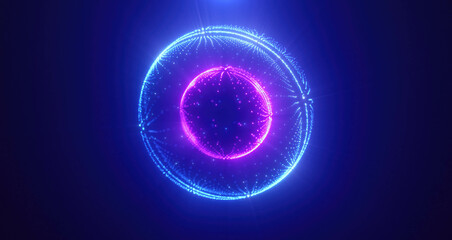 Blue purple energy magic circle sphere ball of futuristic waves and lines of particles of atom energy and electricity. Abstract background