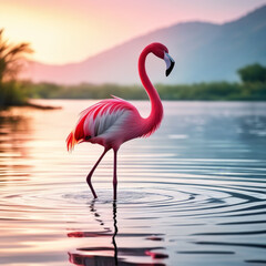 Pink flamingo in the lake at sunset. 3d rendering.