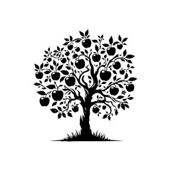  Black Vector Apple Tree Silhouette, a Moonlit Dance of Nature's Bounty- Apple Tree Illustration- Apple Tree Vector Stock.