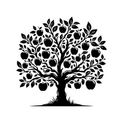  Black Vector Apple Tree Silhouette, a Moonlit Dance of Nature's Bounty- Apple Tree Illustration- Apple Tree Vector Stock.