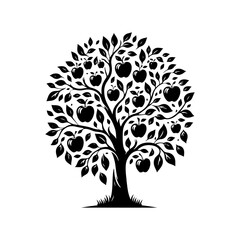 Obraz premium Black Vector Apple Tree Silhouette, a Moonlit Dance of Nature's Bounty- Apple Tree Illustration- Apple Tree Vector Stock.