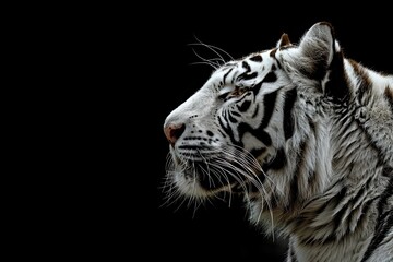Profile of Bengal white tiger on a black background