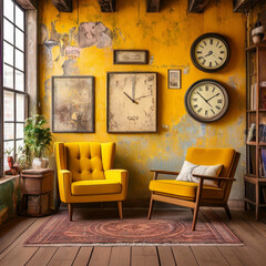 Vintage interior with yellow armchair and vintage clock. 3d rendering