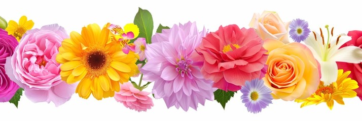 Obraz premium A vibrant selection of meadow flowers isolated on a white background. This image showcases colorful and diverse flora, perfect for botanical themes.
