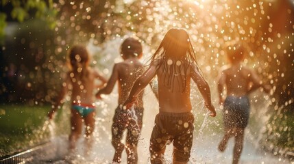 Children playing joyfully in the water during summer, a snapshot of carefree youth