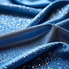 macro texture of blue satin fabric with glittering sequins