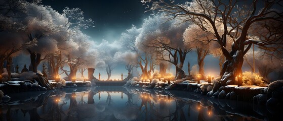 Fantasy landscape with trees and river at night. 3d rendering