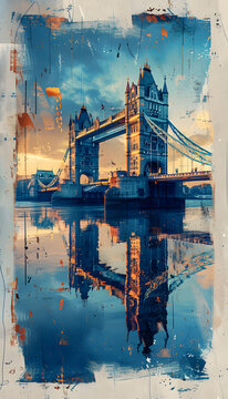 Contemporary style minimalist artwork poster collage illustration of London Bridge grafic style
