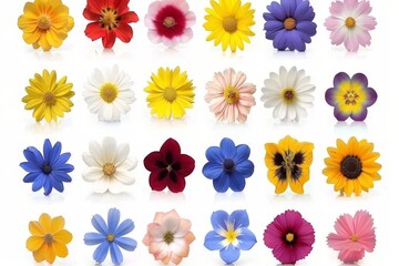 A vibrant selection of meadow flowers isolated on a white background. This image showcases colorful...