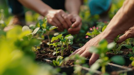 Naklejka na ściany i meble A group of people are collecting various plants such as flowers, grass, leaf vegetables, and shrubs in a garden. AIG41