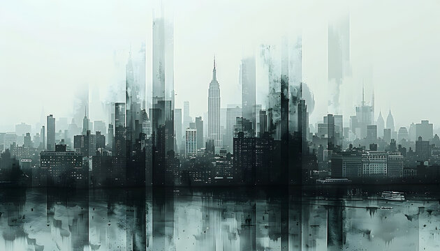 Contemporary style minimalist artwork poster collage illustration of NY city b&w grafic style