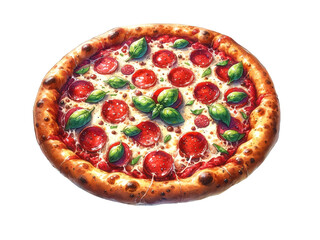 リアルなサラミとバジルのピザのイラスト