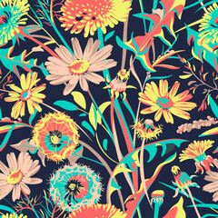 Seamless pattern with flowers - Taraxacum, Chamomilla and grass isolated on the dark blue background. Hand-drawn illustrations of wildflowers.
