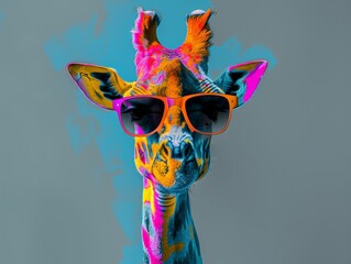 Colorful Giraffe in Sunglasses Portrait. The image of a giraffe wearing sunglasses on a teal background is perfect for avant-garde fashion and eclectic design, digital art, creative advertising .