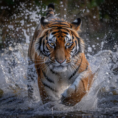 Fototapeta na wymiar A tiger plays in the water, its powerful yet graceful movements creating ripples that dance around its magnificent presence