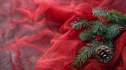 Close up of red textile with pine cones and branch