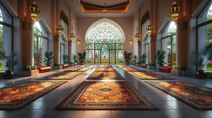 Obraz premium The interior of a mosque bathed in soft morning light on the day of Eid al-Adha, with empty prayer mats symbolizing the spiritual sacrifice