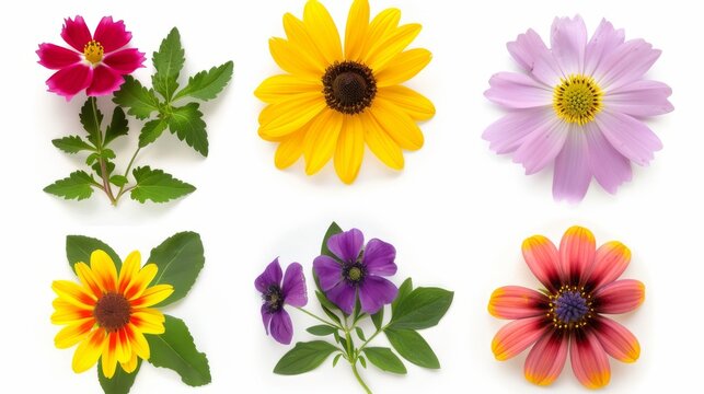 A vibrant selection of meadow flowers isolated on a white background. This image showcases colorful and diverse flora, perfect for botanical themes.
