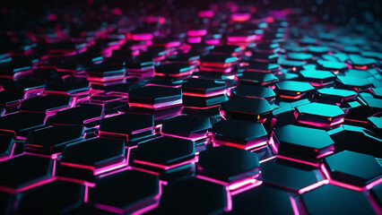 Perfect futuristic black hexagon background design. Futuristic honeycomb concept. Light cyberpunk, ai Generative