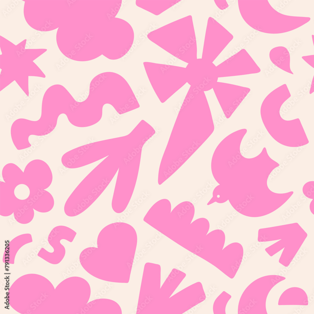 Poster abstract floral seamless pattern with pink organic shapes. trendy random figures isolated on a white