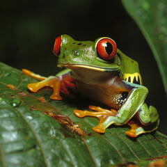 Fototapeta premium A green tree frog perches delicately on a leaf, its vibrant color blending seamlessly with the lush foliage