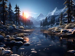 Schilderijen op glas Mountain river in the forest at sunset. 3d rendering. © Iman