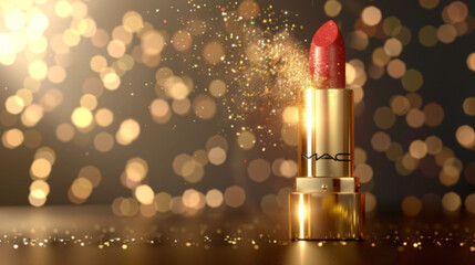A close-up product photography of a lipstick in luxurious golden background - obrazy, fototapety, plakaty