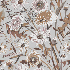 Seamless pattern with flowers - Taraxacum, Chamomilla and grass isolated on the black background. Hand-drawn illustrations of wildflowers.
