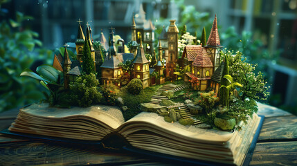 Fantasy world inside fairy tale book.