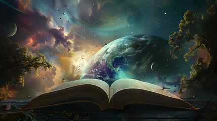 Fantasy world inside fairy tale book.