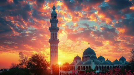 The silhouette of a mosque's minaret against the vibrant hues of a sunset sky, marking the end of Ramadan and the joyous occasion of Eid al-Adha.