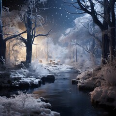 Frozen river in winter forest at night. 3D rendering.