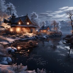 Winter night landscape with wooden house on the bank of the river.