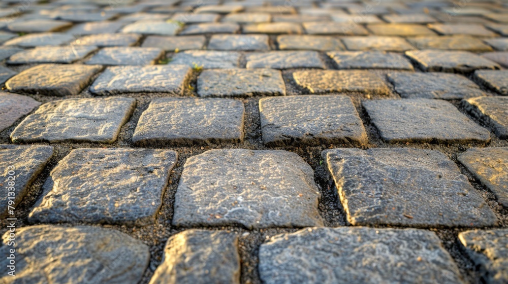 Poster cobblestone street close up with tree in background