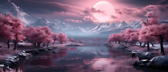Beautiful panoramic landscape of lake and mountains at full moon night